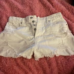 white, denim shorts, lightly used, from PACSUN, size 27, ripped style,w pockets